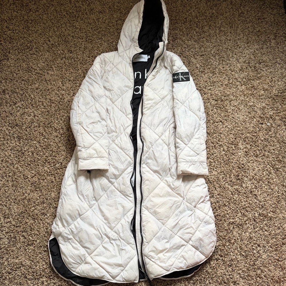Calvin Klein Womens Long Quilted White Puffer Coat Size Small